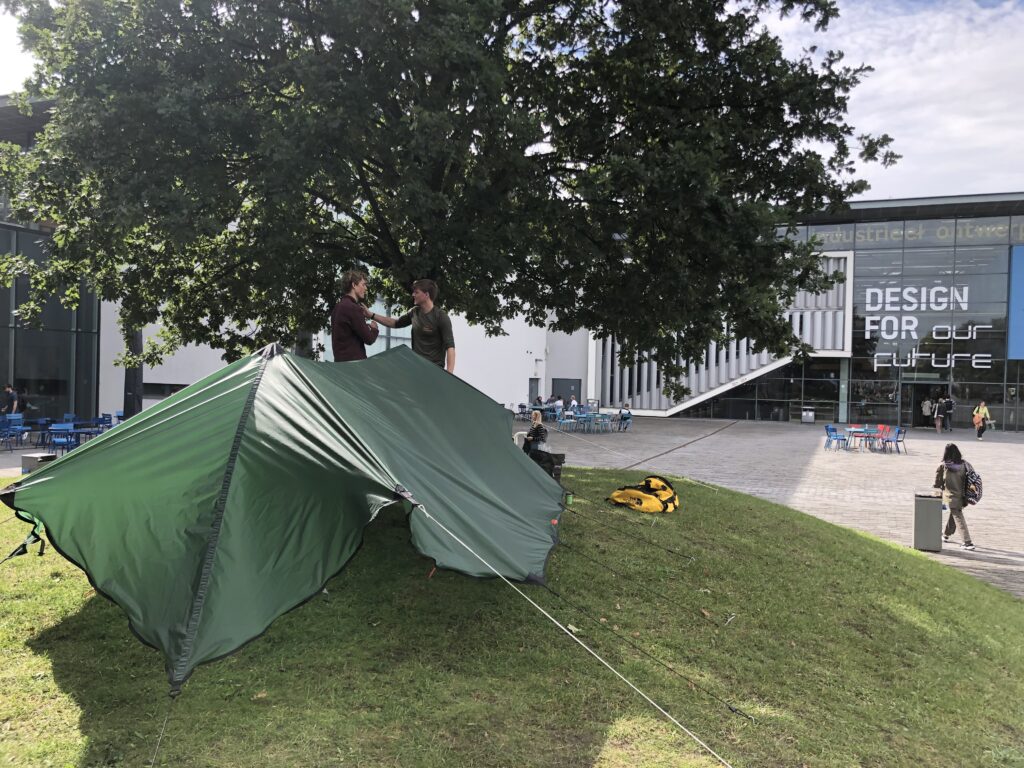 Pitching the outer tent outside the IDE Faculty